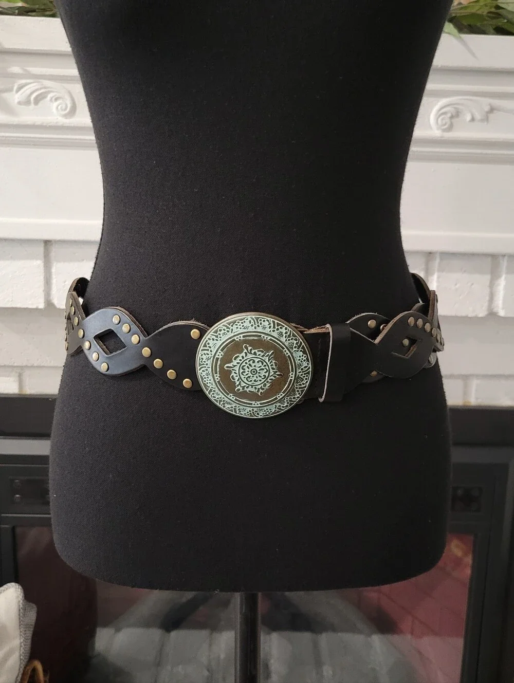 Bohemian Black Studded Leather Waist Belt With Patina Medallion Buckle S/M
